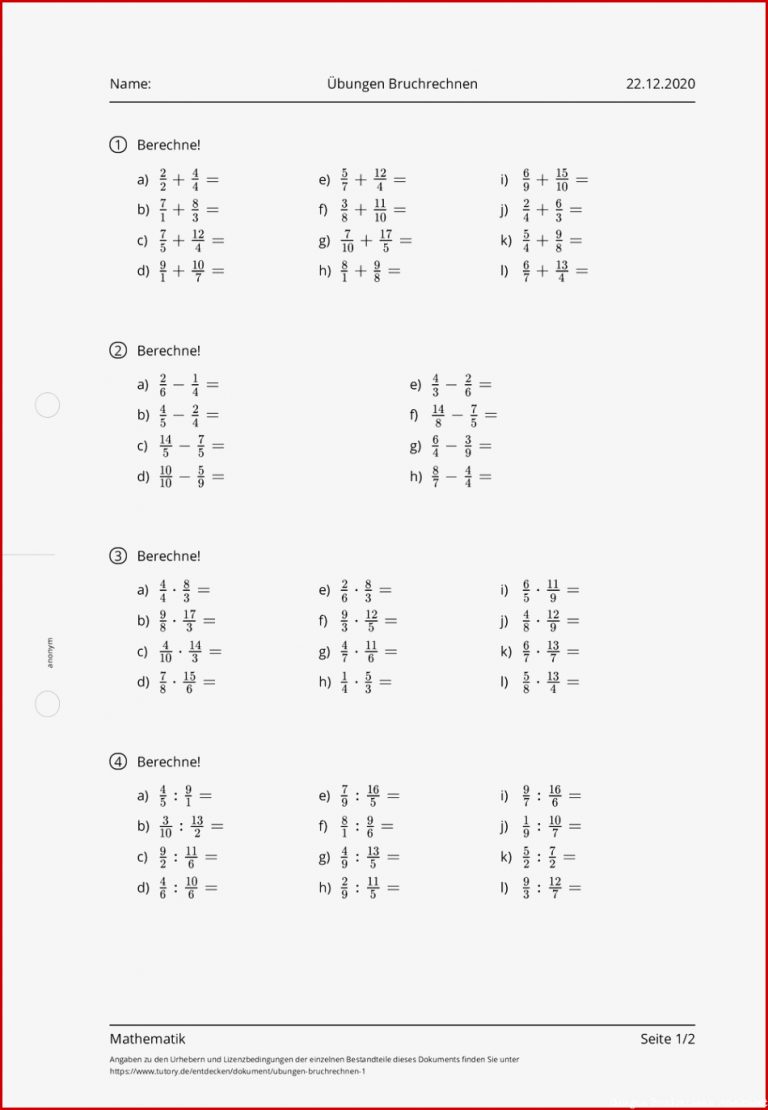 Arbeitsblatt Übungen Bruchrechnen Mathematik tutory