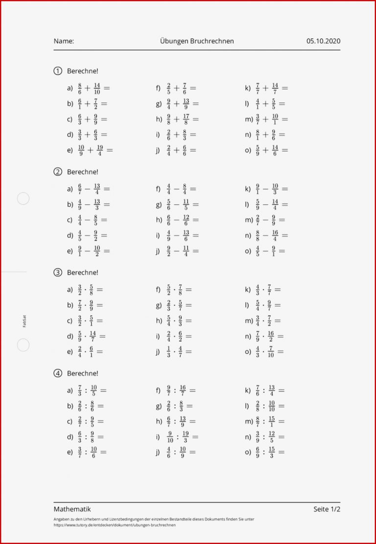 Arbeitsblatt Übungen Bruchrechnen Mathematik tutory