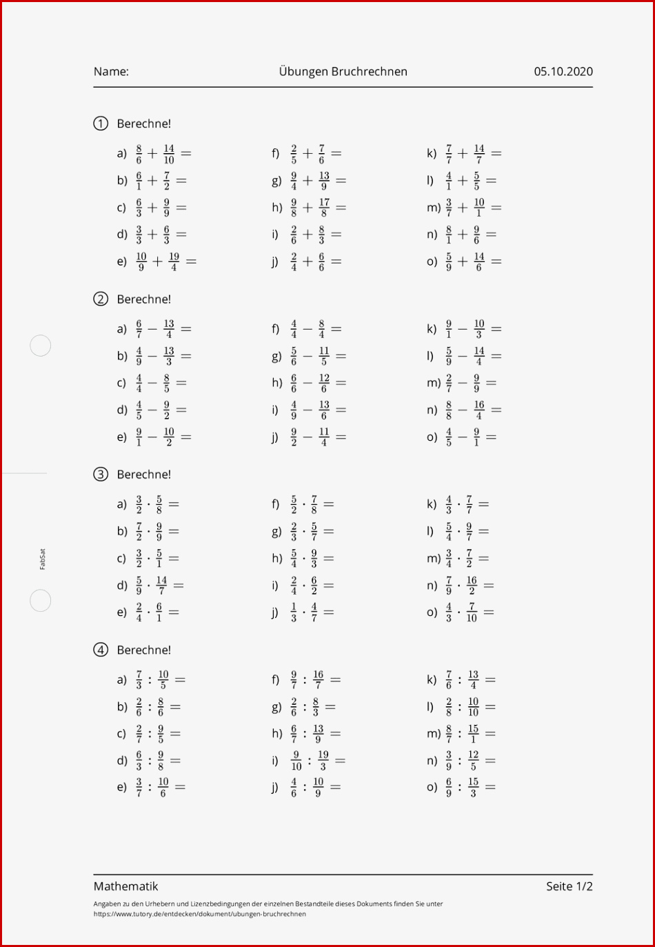 Arbeitsblatt Übungen Bruchrechnen Mathematik Tutory