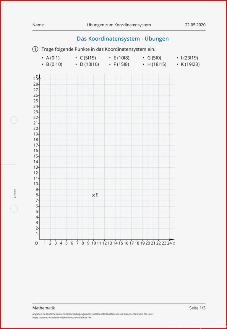 Arbeitsblatt Übungen Zum Koordinatensystem Mathematik
