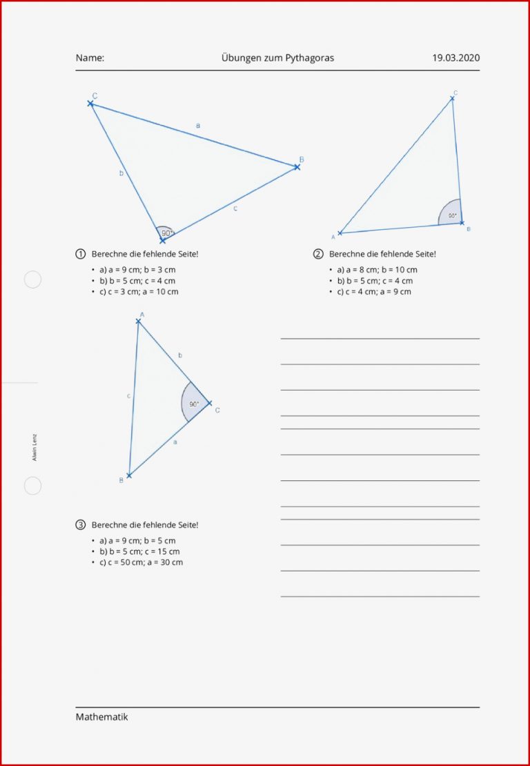 Arbeitsblatt Übungen zum Pythagoras Mathematik tutory