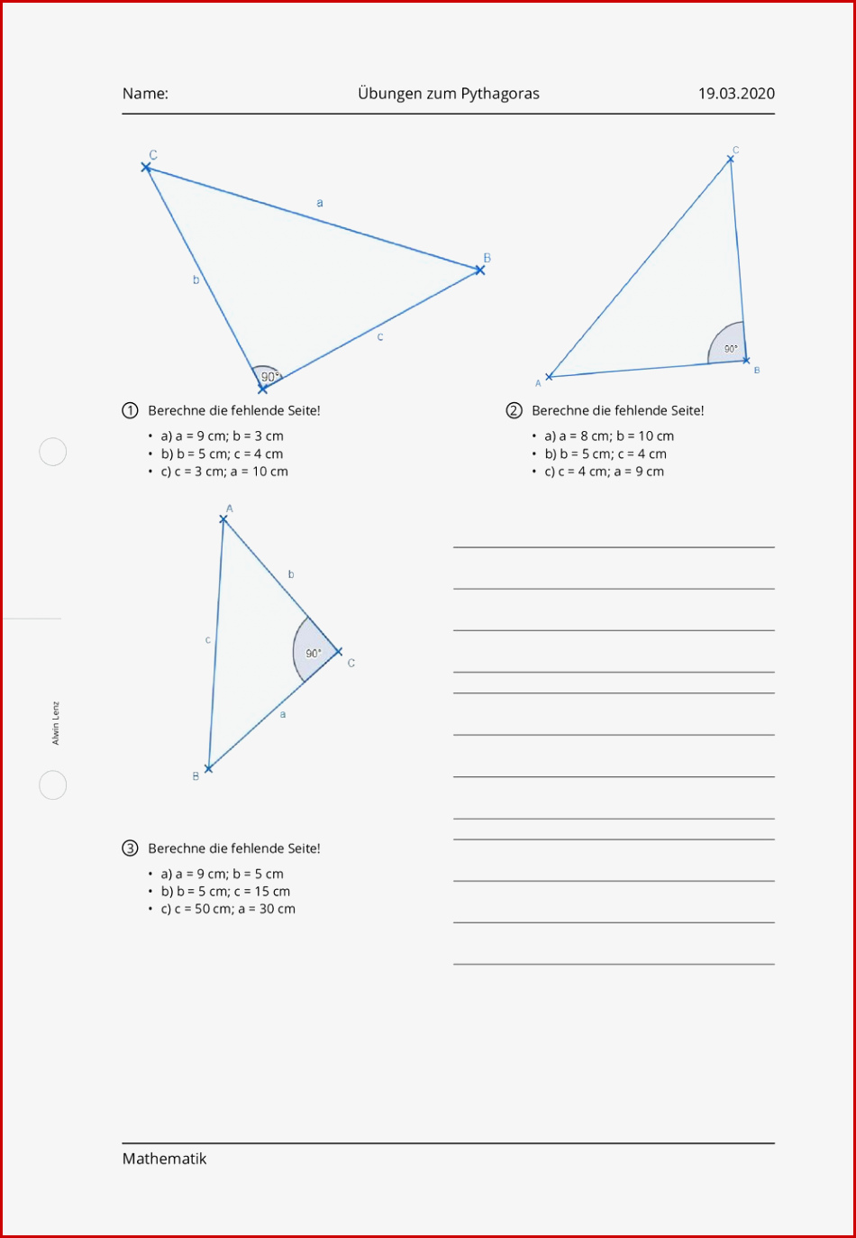 Arbeitsblatt Übungen Zum Pythagoras Mathematik Tutory