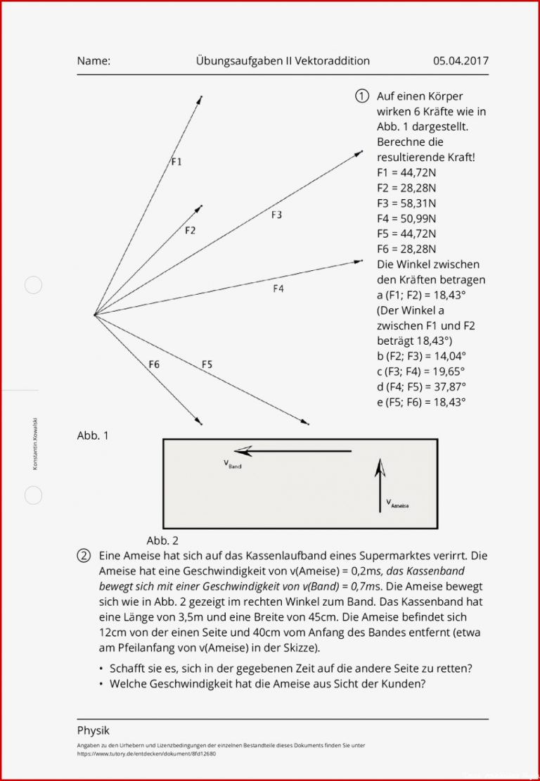 Arbeitsblatt Übungsaufgaben II Vektoraddition Physik