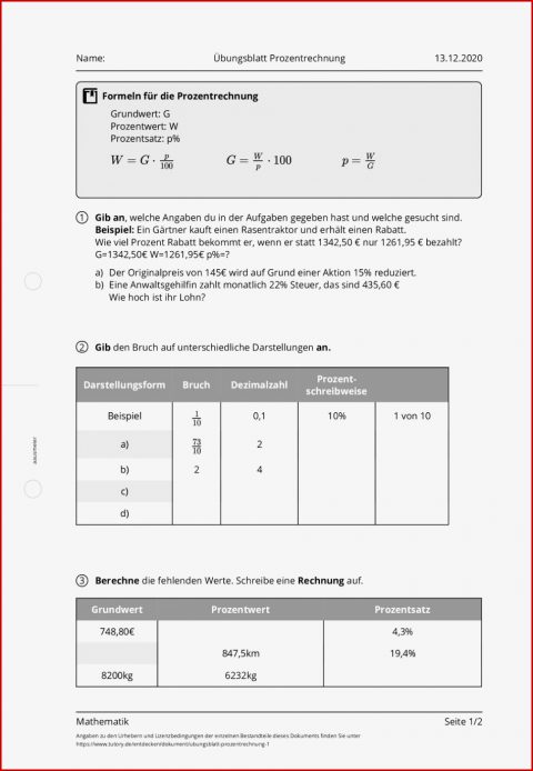 Arbeitsblatt Übungsblatt Prozentrechnung Mathematik