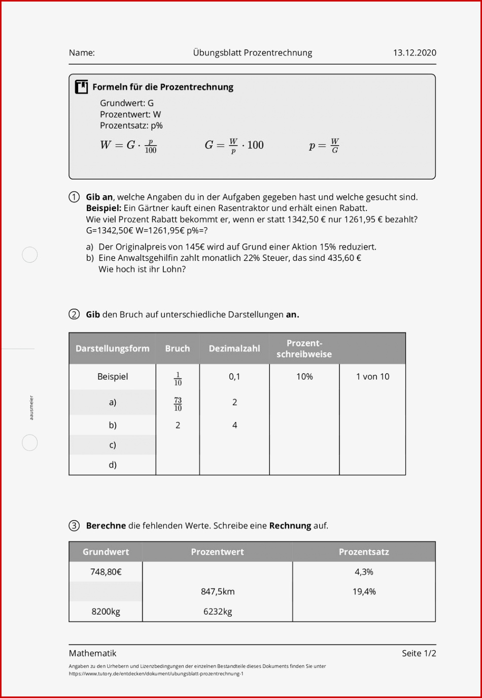 Arbeitsblatt Übungsblatt Prozentrechnung Mathematik