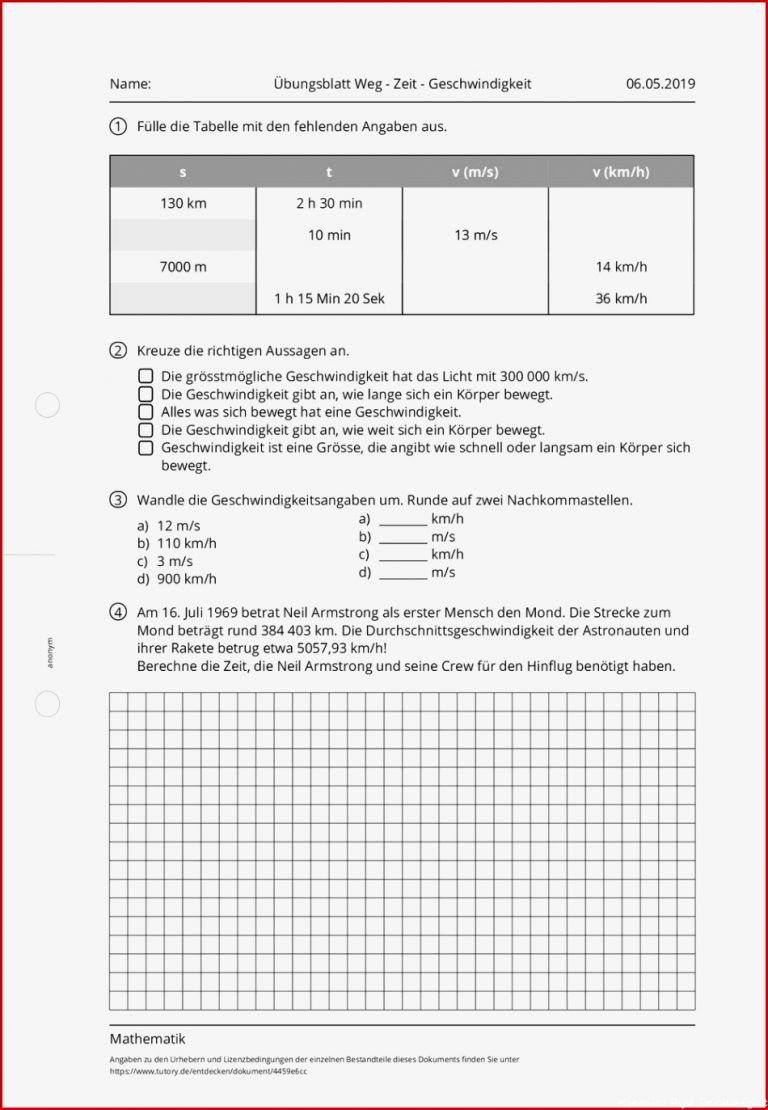 Arbeitsblatt Übungsblatt Weg Zeit Geschwindigkeit
