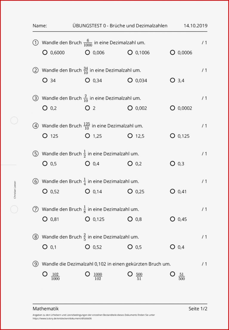 Arbeitsblatt Übungstest 0 Brüche Und Dezimalzahlen
