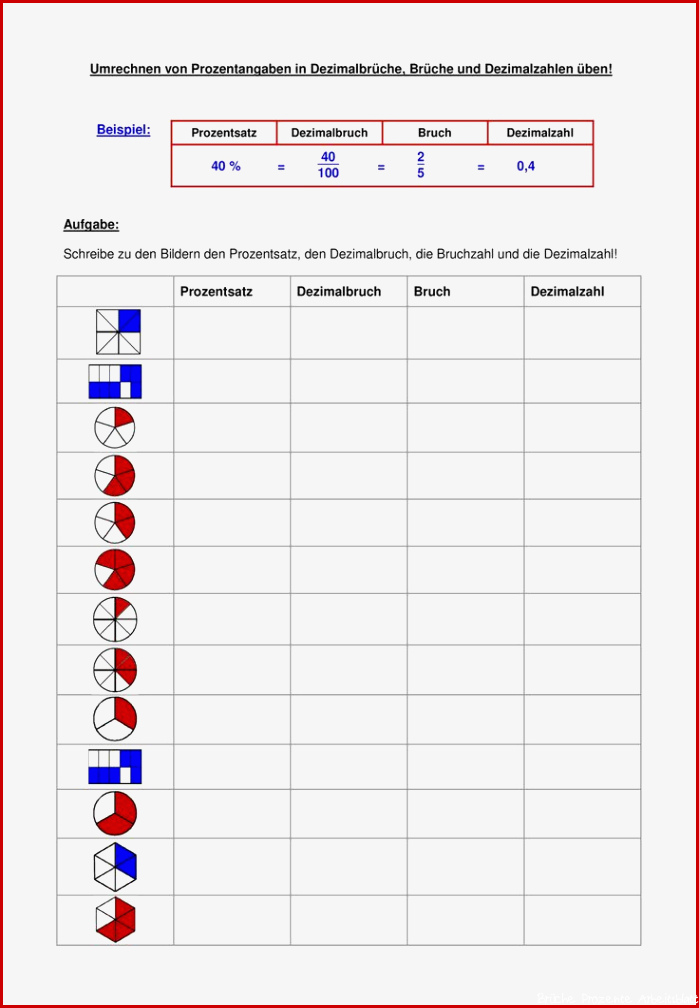Arbeitsblatt Umrechnung von Prozentsatz in Dezimalbruch