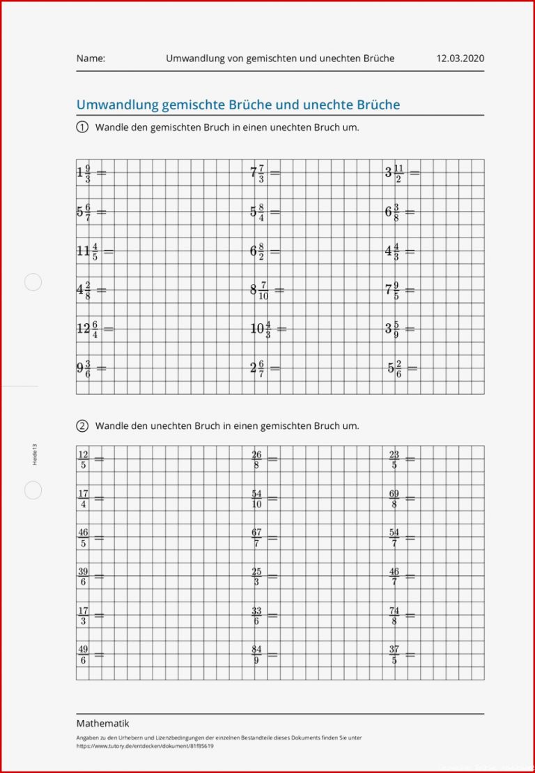 Arbeitsblatt Umwandlung Von Gemischten Und Unechten