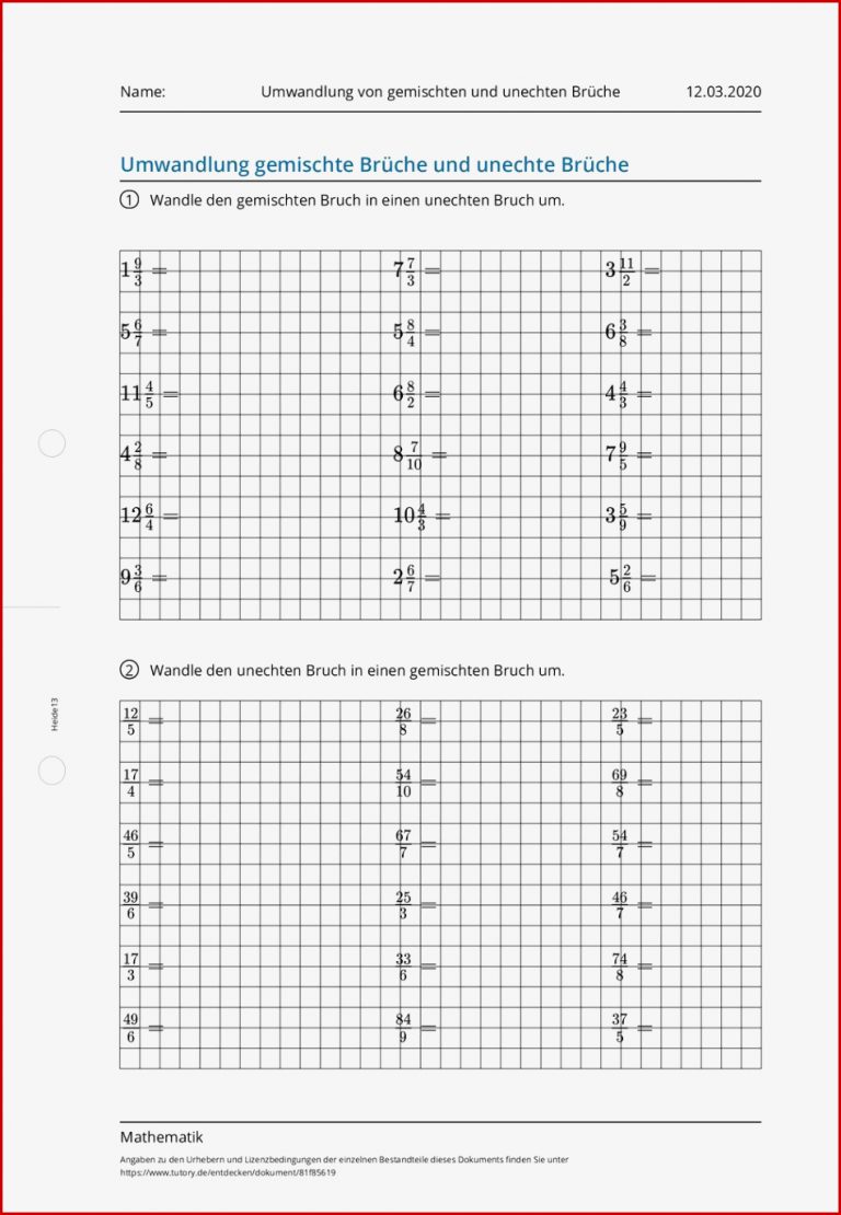 Arbeitsblatt Umwandlung von gemischten und unechten
