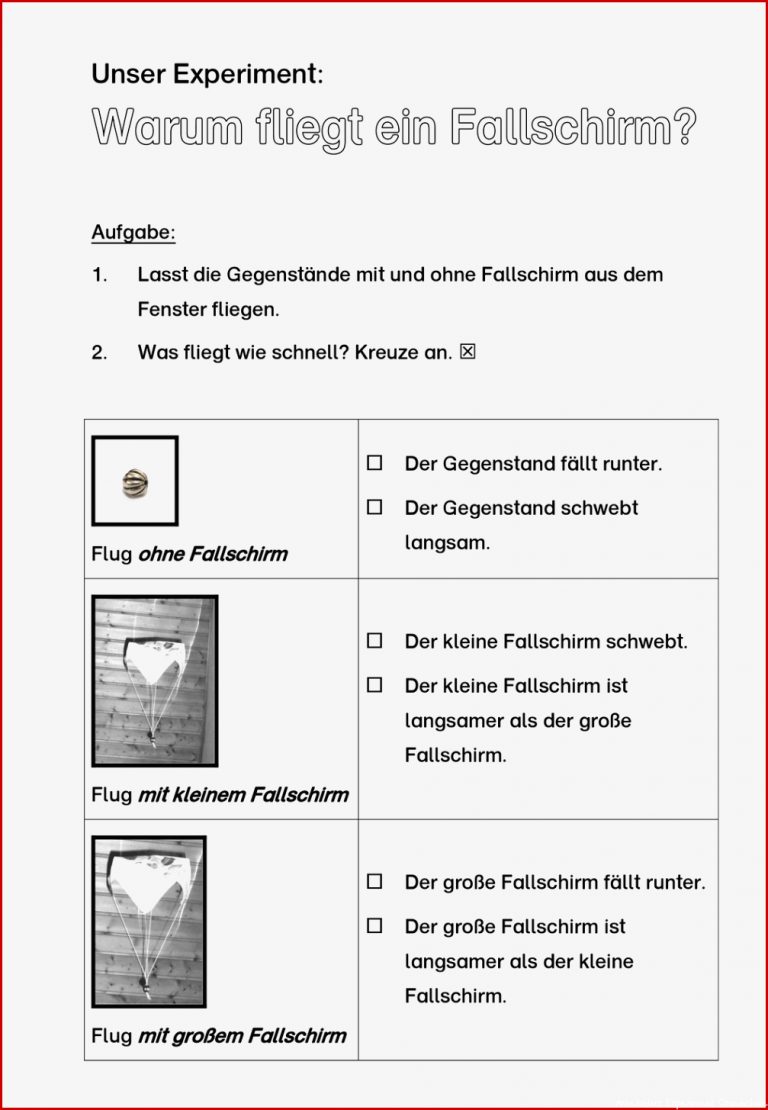 Arbeitsblatt und Erklärung mit Bild Experiment Fallschirm
