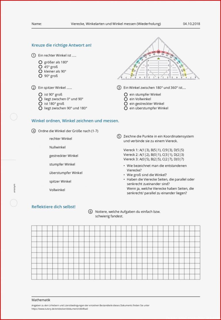 Arbeitsblatt Vierecke Winkelarten und Winkel messen