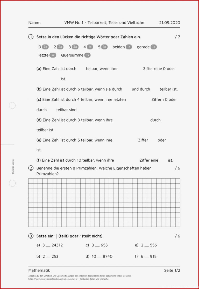 Arbeitsblatt VMW Nr 1 Teilbarkeit Teiler und Kostenlosen Download Arbeitsblatt VMW Nr 1 Teilbarkeit Teiler und