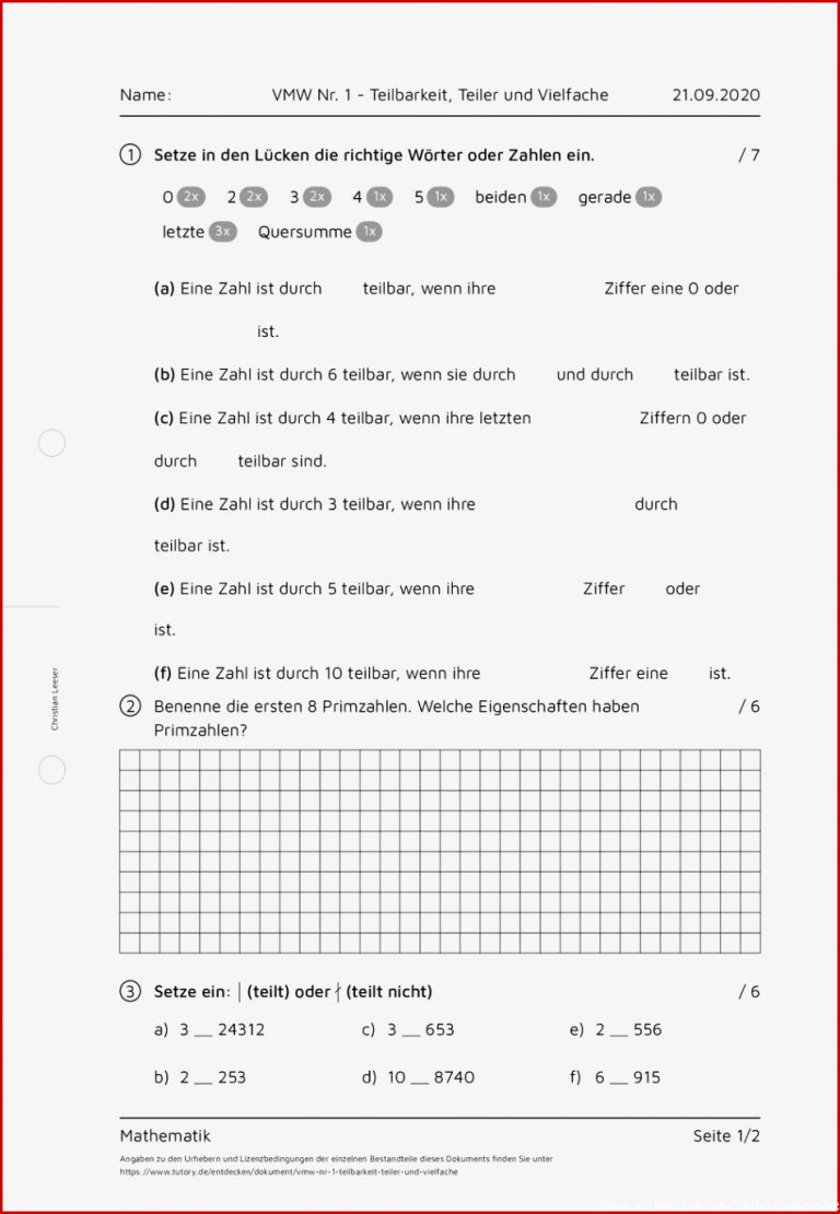 Arbeitsblatt Vmw Nr 1 Teilbarkeit Teiler Und