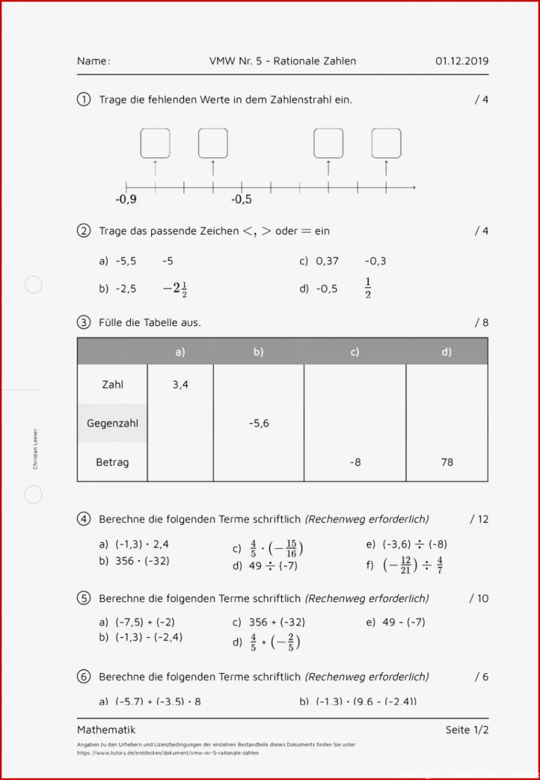 Arbeitsblatt VMW Nr 5 Rationale Zahlen Mathematik