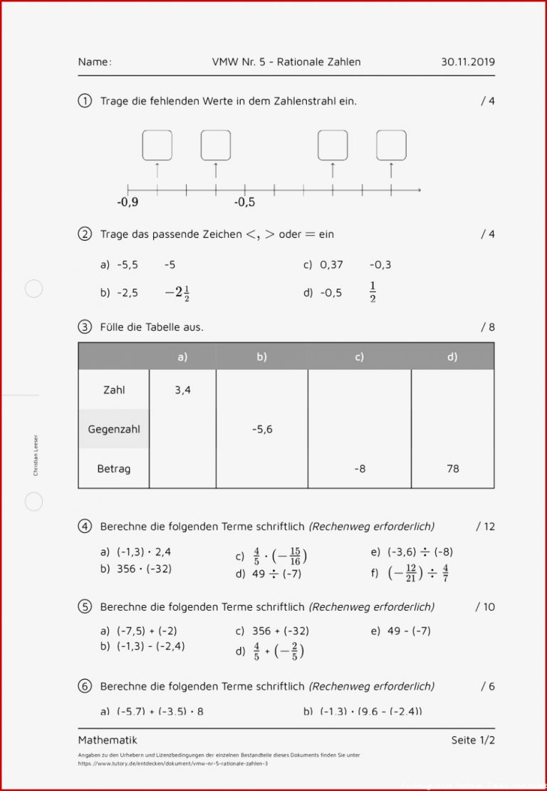 Arbeitsblatt Vmw Nr 5 Rationale Zahlen Mathematik