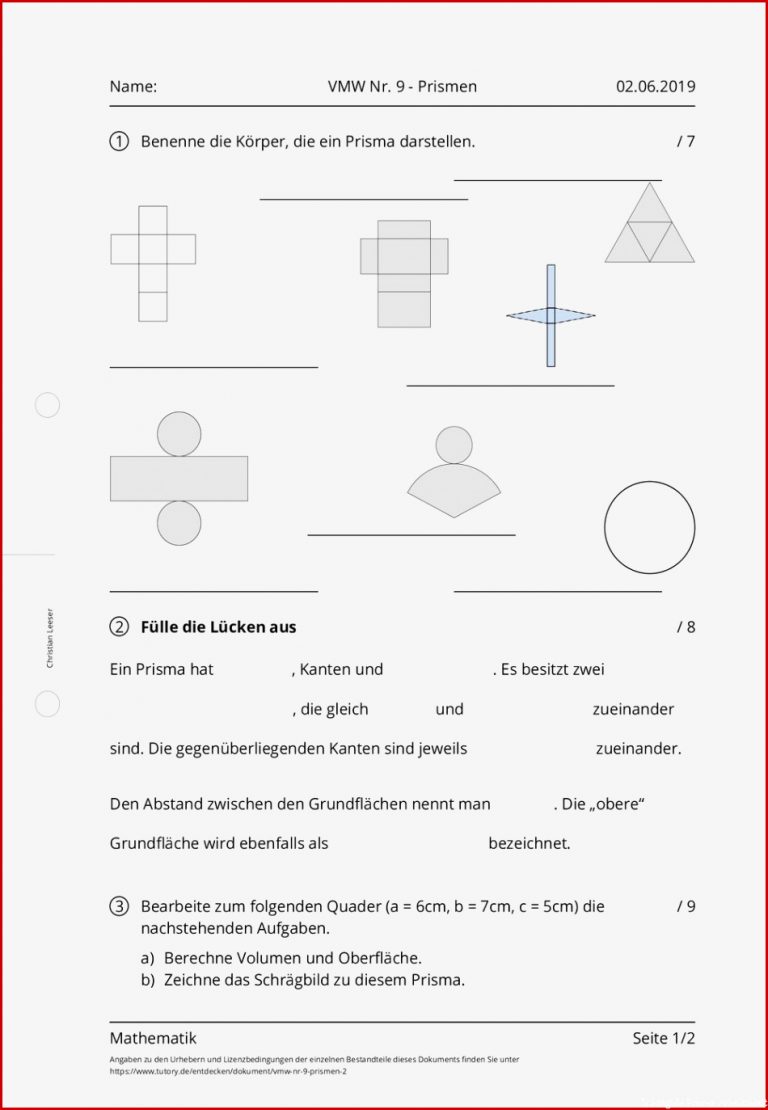 Arbeitsblatt Vmw Nr 9 Prismen Mathematik Mittlere