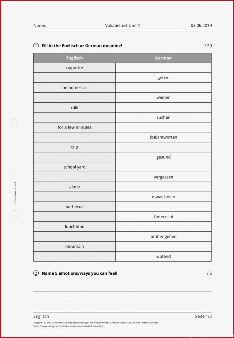 Arbeitsblatt Vokabeltest Unit 1 Englisch tutory