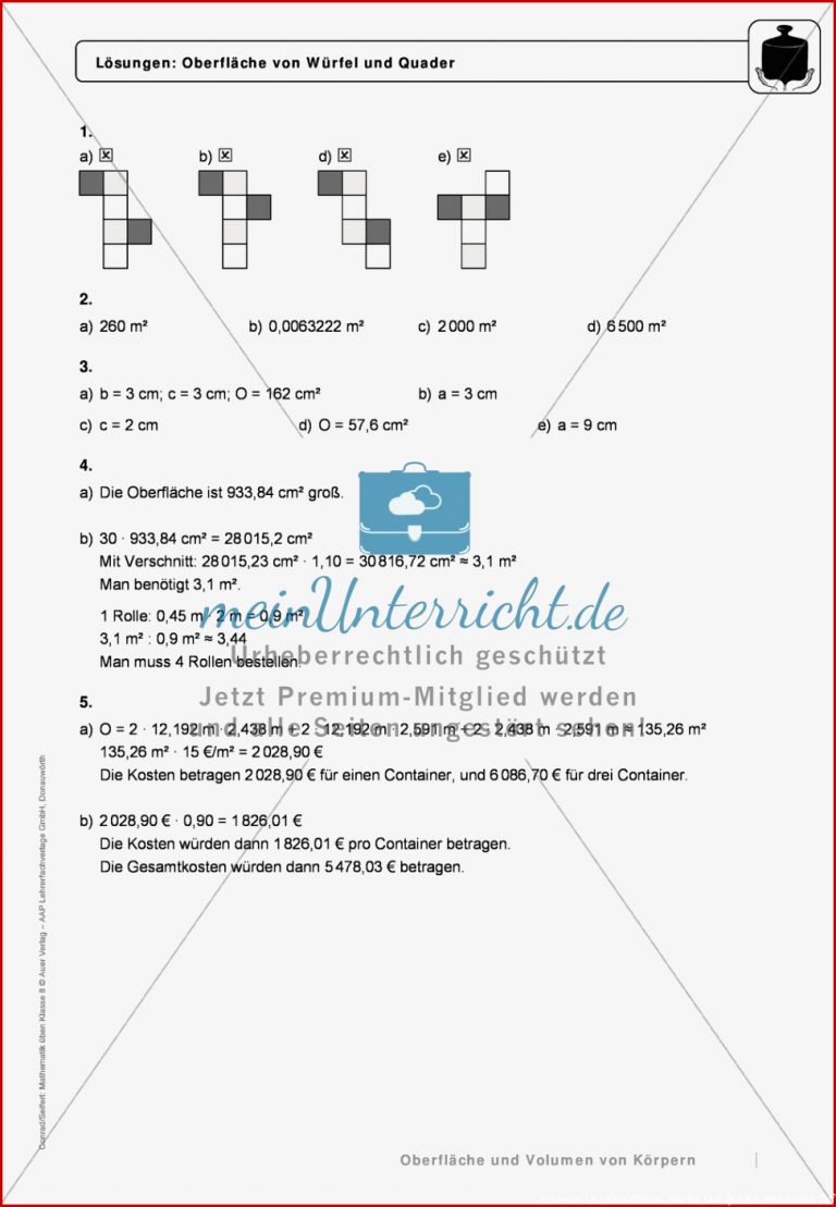 Arbeitsblatt Volumen Und Oberfläche Würfel Und Quader