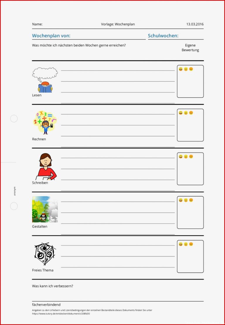 Arbeitsblatt Vorlage Wochenplan Fächerverbindend