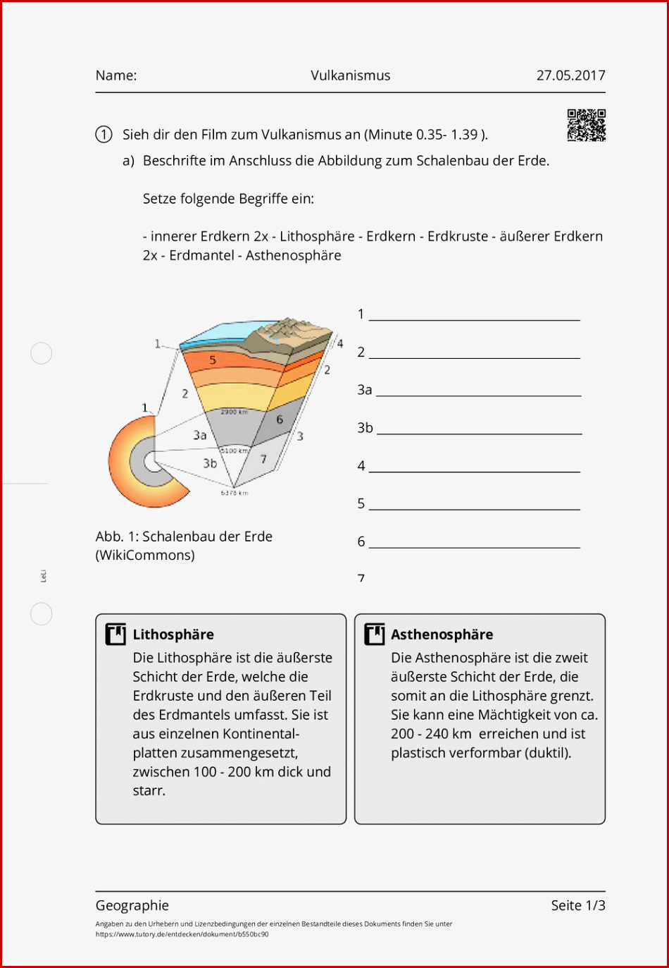 Arbeitsblatt Vulkanismus Geographie Tutory