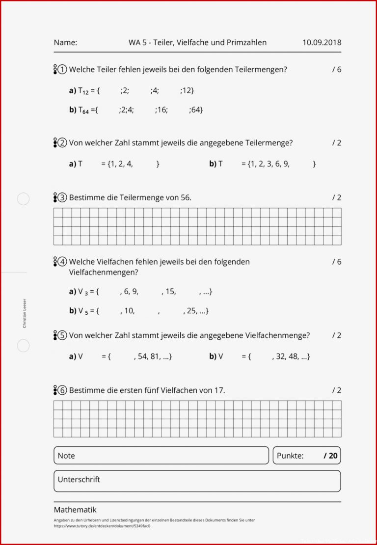 Arbeitsblatt WA 5 Teiler Vielfache und Primzahlen zum Download Arbeitsblatt WA 5 Teiler Vielfache und Primzahlen