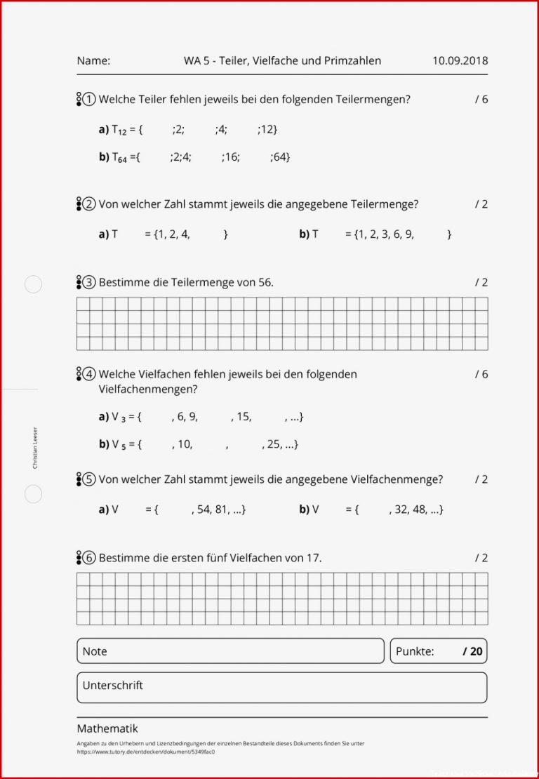 Arbeitsblatt Wa 5 Teiler Vielfache Und Primzahlen