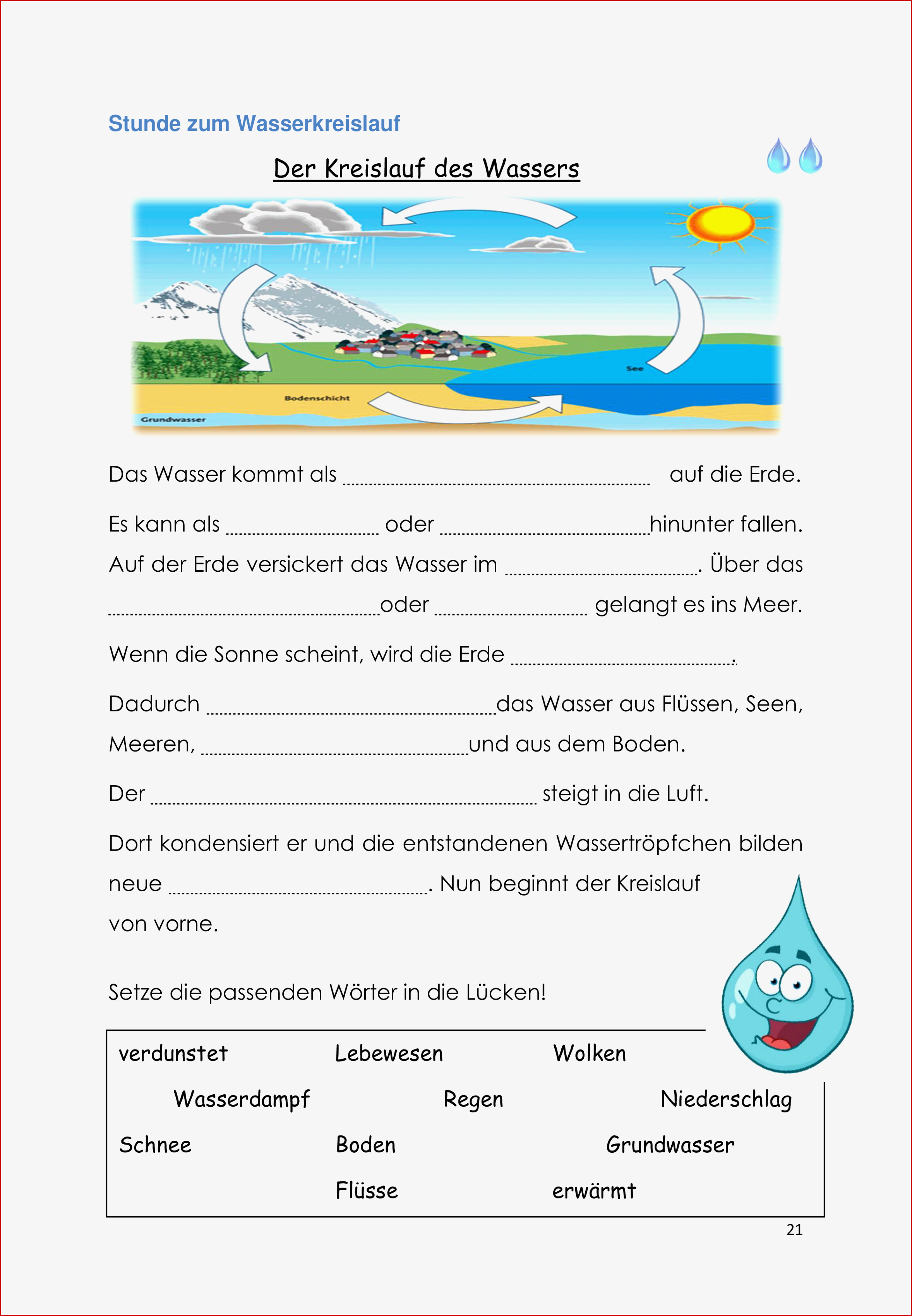 Arbeitsblatt Wasserkreislauf Grundschule Wasserkreislauf