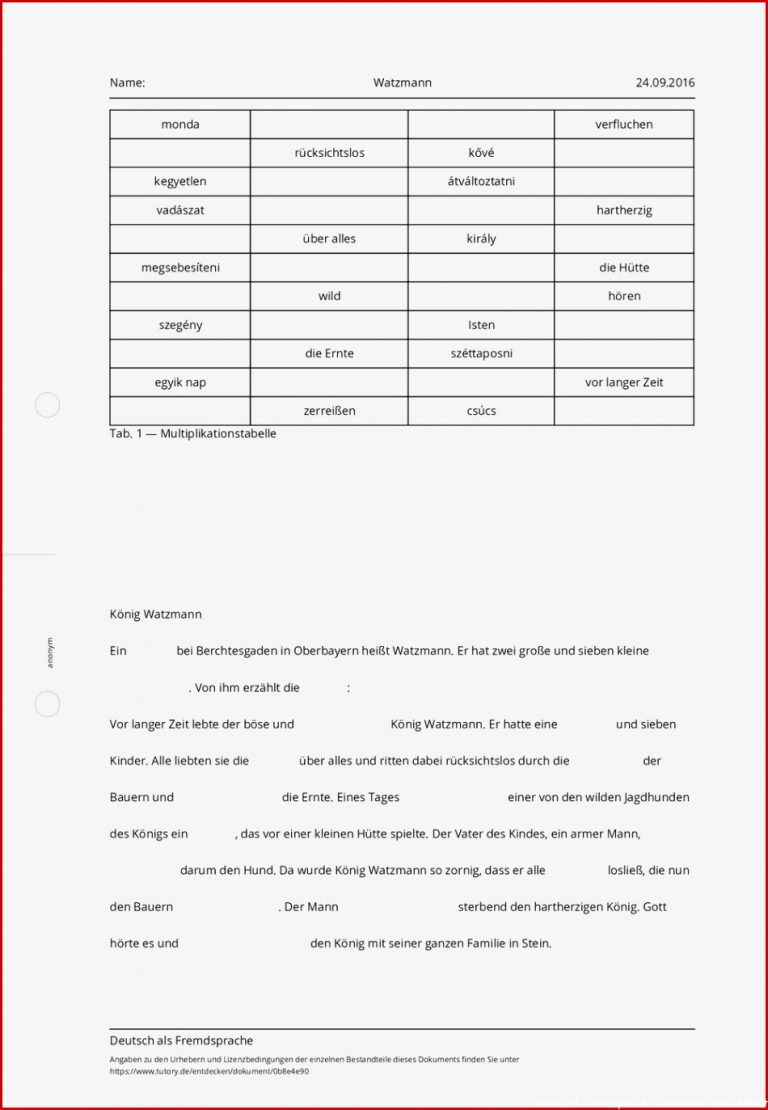 Arbeitsblatt Watzmann Deutsch als Fremdsprache