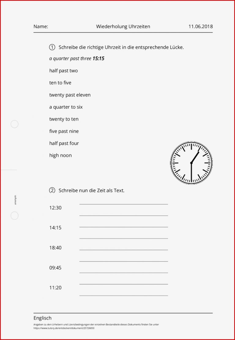 Arbeitsblatt Wiederholung Uhrzeiten Englisch