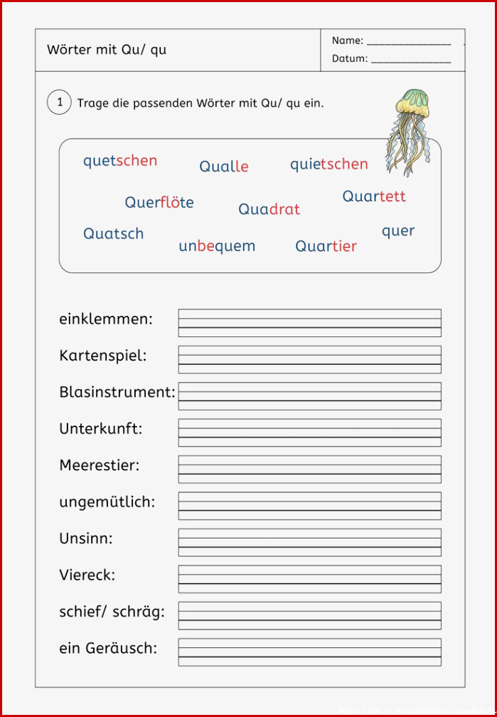 Arbeitsblatt Wörter mit Qu qu – Unterrichtsmaterial im
