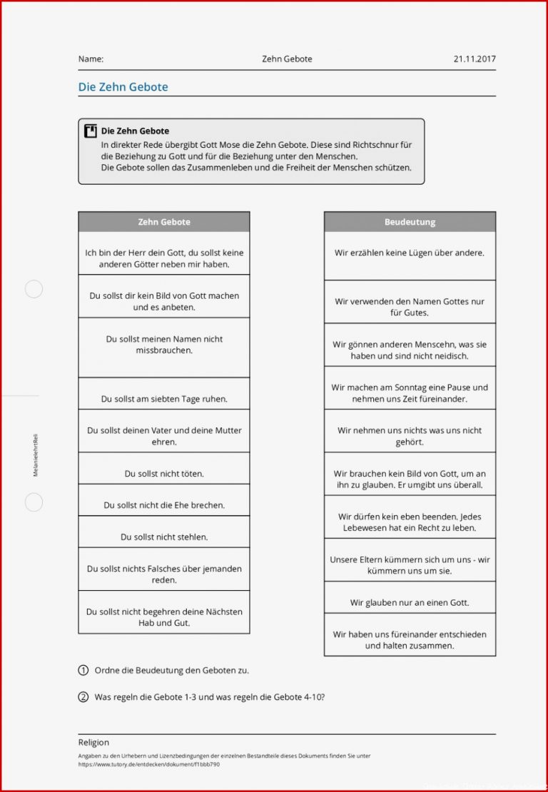 Arbeitsblatt Zehn Gebote Religion Tutory