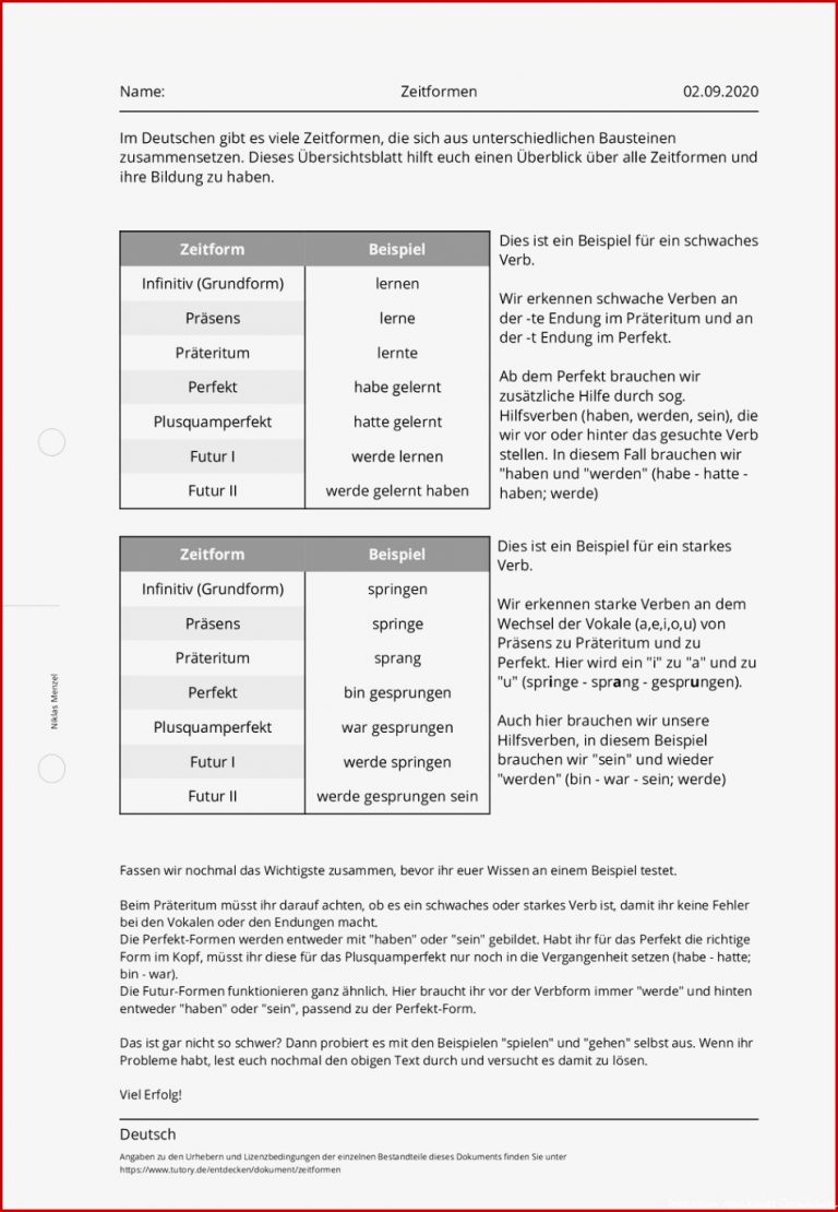 Arbeitsblatt Zeitformen Deutsch tutory