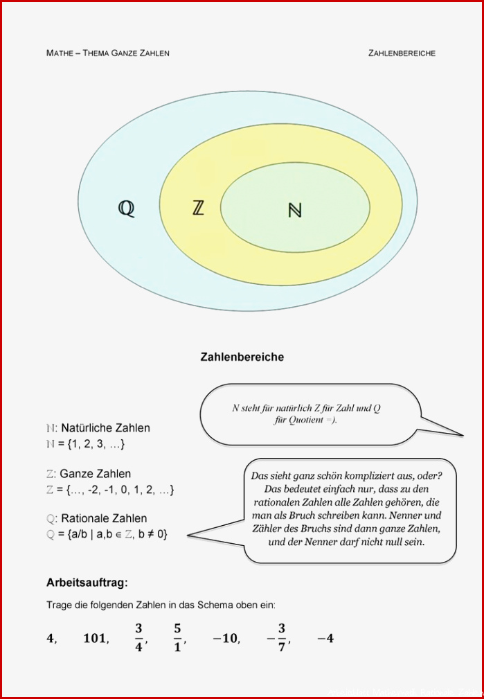 Arbeitsblatt zu den Zahlenbereichen – Unterrichtsmaterial