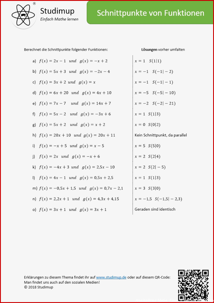Arbeitsblatt zu Schnittpunkten von Funktionen Studimup