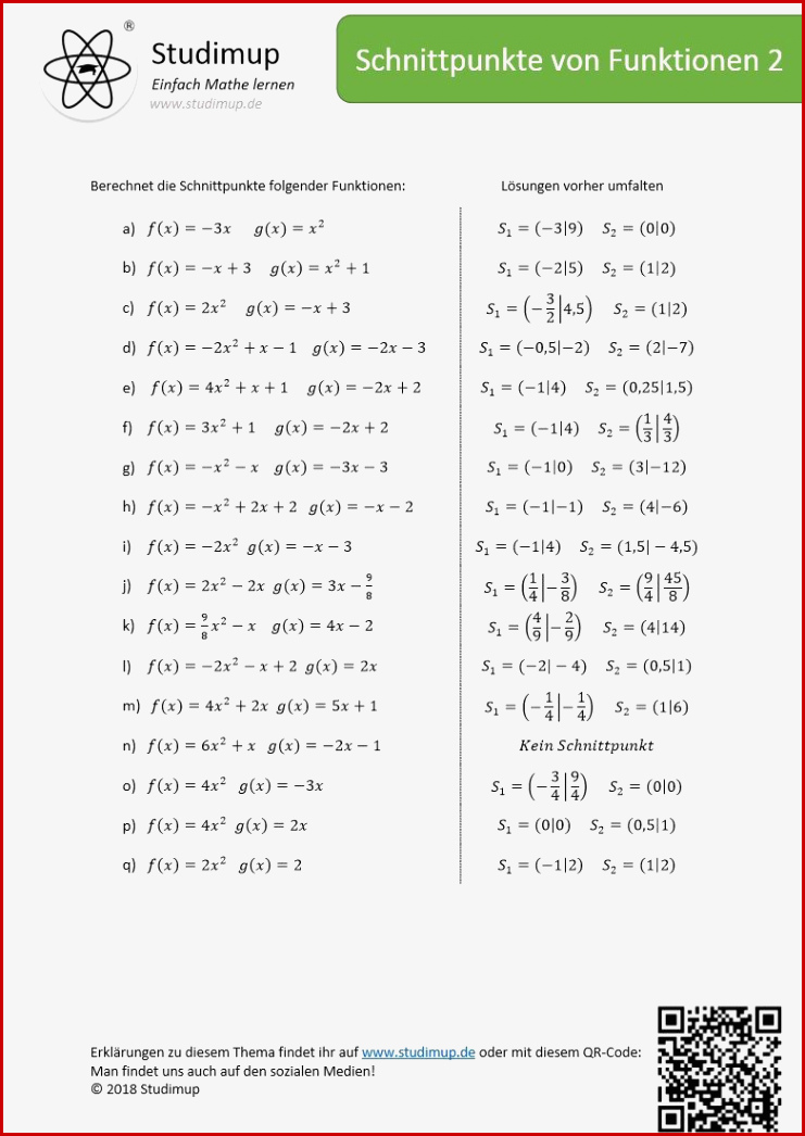 Arbeitsblatt Zu Schnittpunkten Von Quadratischen