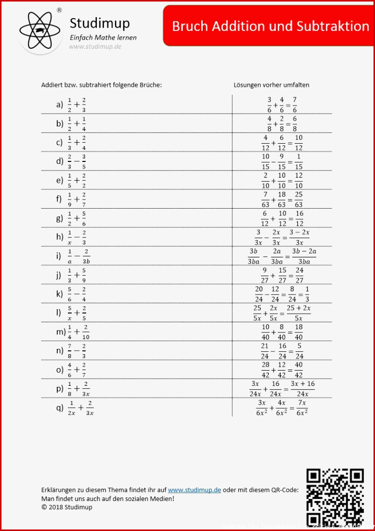 Arbeitsblatt zum ad ren und subtrahieren von Brüchen