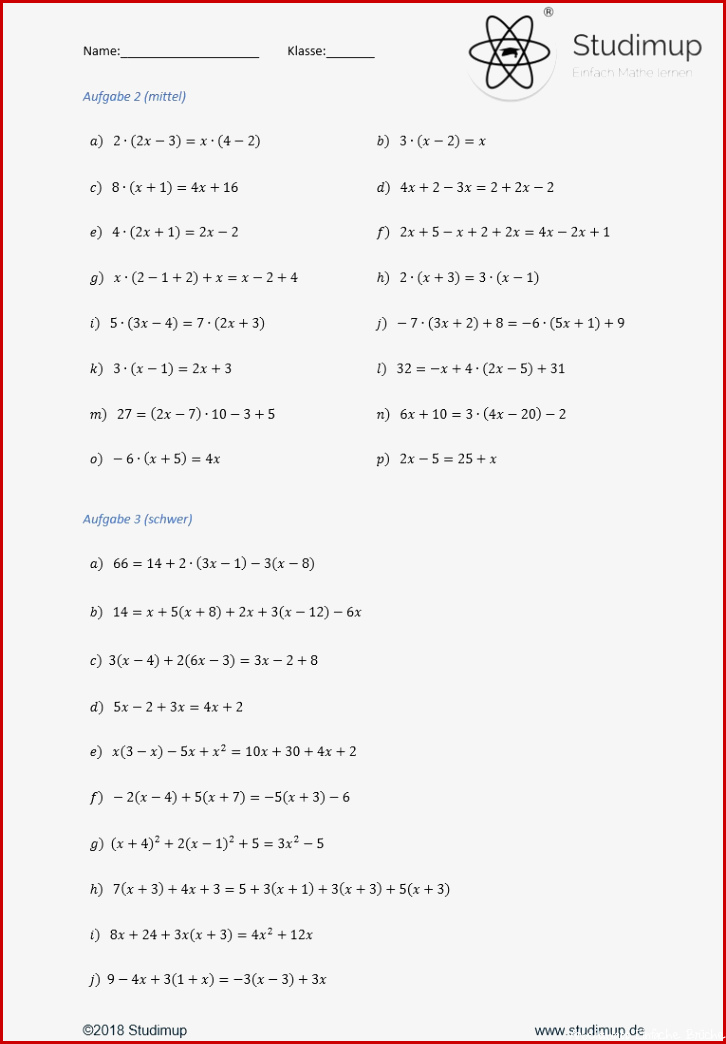 Arbeitsblatt zum Gleichungen lösen Studimup