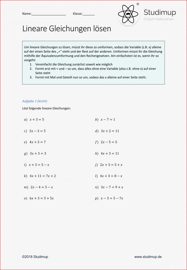 Arbeitsblatt Zum Lösen Von Linearen Gleichungen Mit