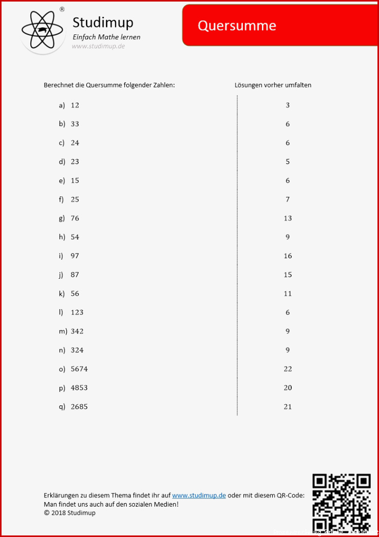 Arbeitsblatt zur Quersumme Studimup