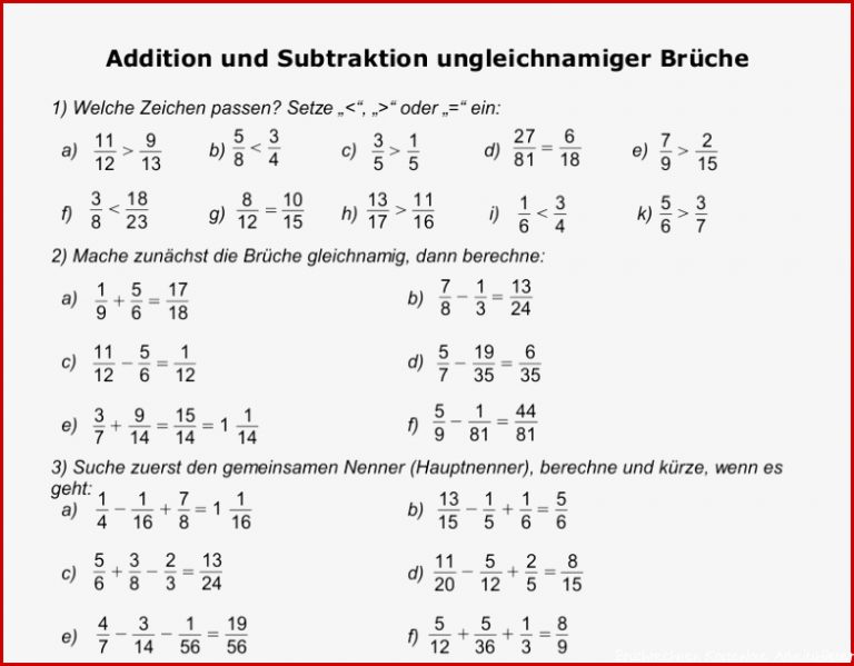 Arbeitsblatter Bruche Ad Ren Und Subtrahieren Klasse 6