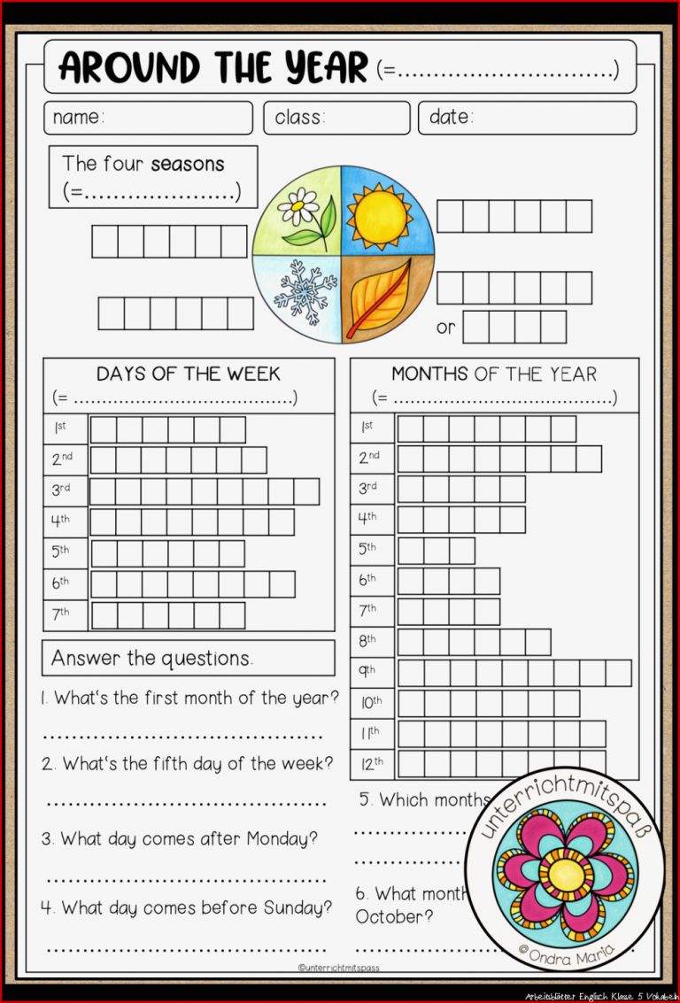 Around the Year Worksheet Months Days Of the Week