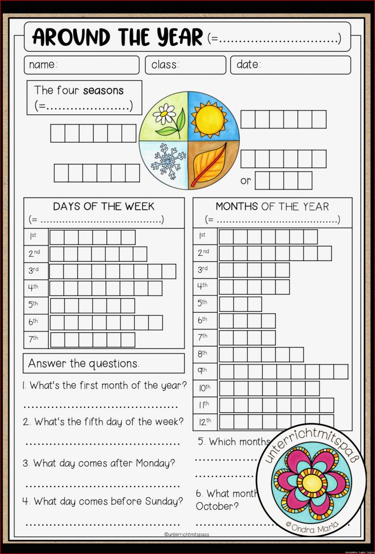 Around the Year Worksheet Months Days Of the Week