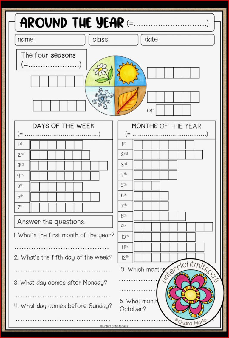 Around the year Worksheet months days of the week