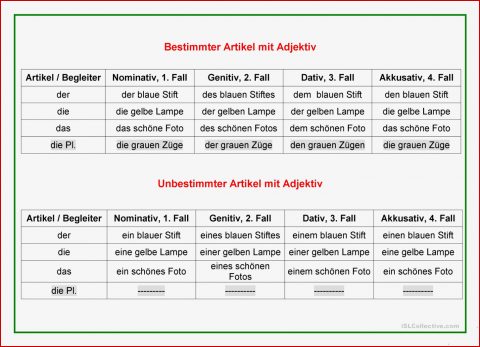 Artikel Tabelle Mit Adjektiven Arbeitsblatt Kostenlose