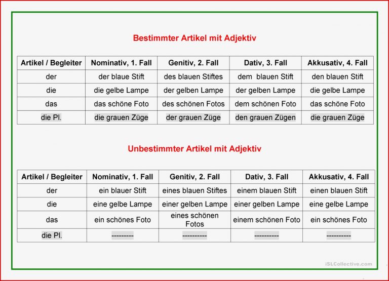 Artikel Tabelle mit Adjektiven Arbeitsblatt Kostenlose