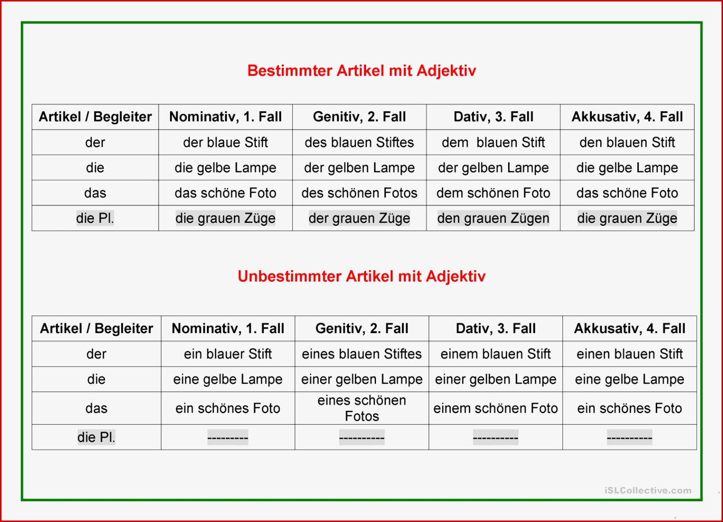 Artikel Tabelle Mit Adjektiven Arbeitsblatt Kostenlose