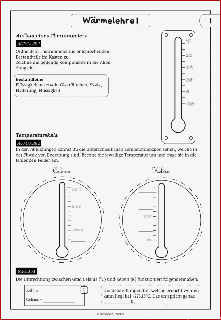 Aufbau Thermometer Arbeitsblatt