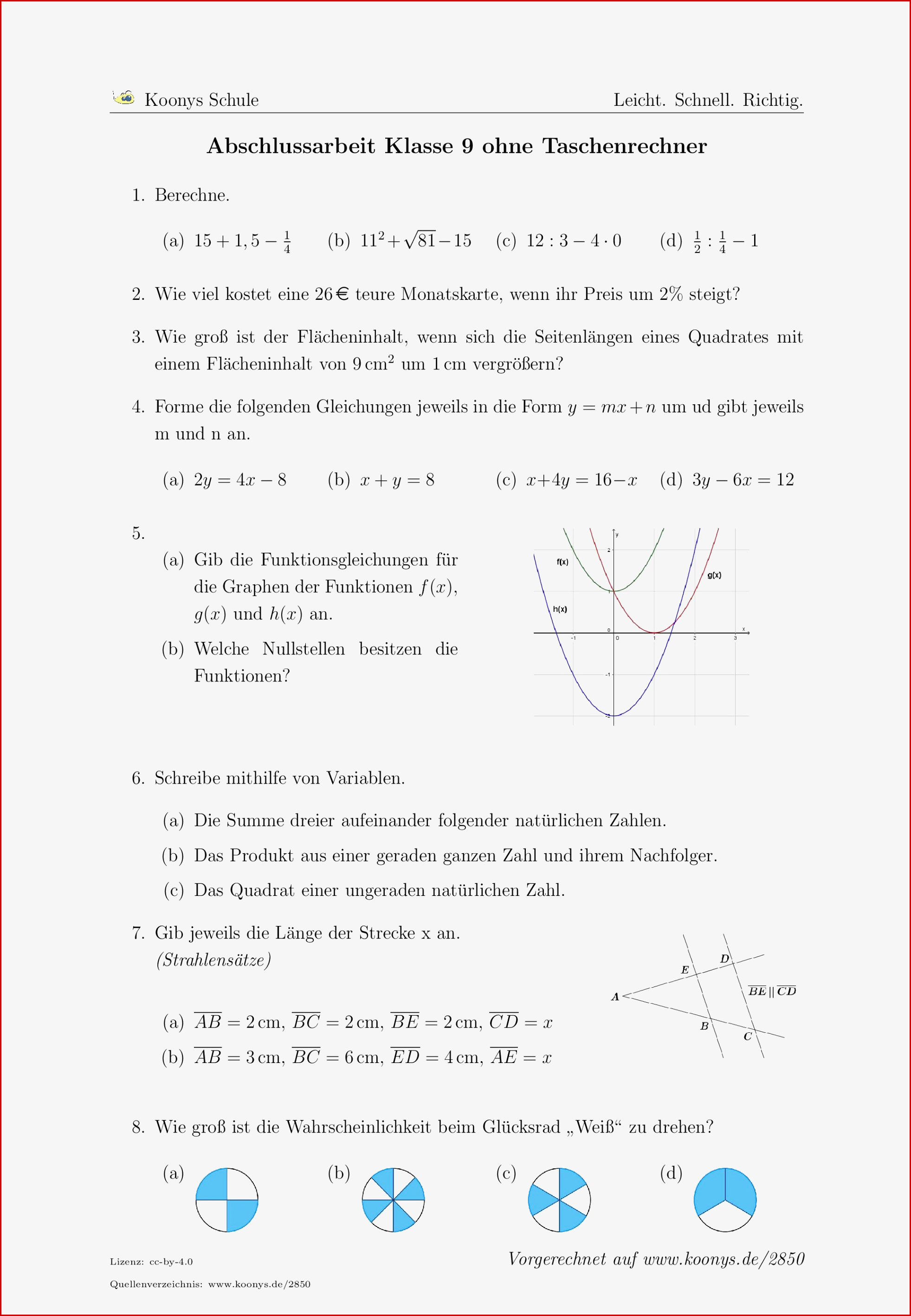 Aufgaben Abschlussarbeit Klasse 9 Ohne Taschenrechner Mit