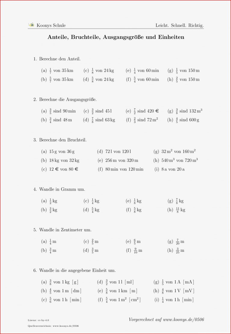 Aufgaben Anteile Bruchteile Ausgangsgröße Und Einheiten